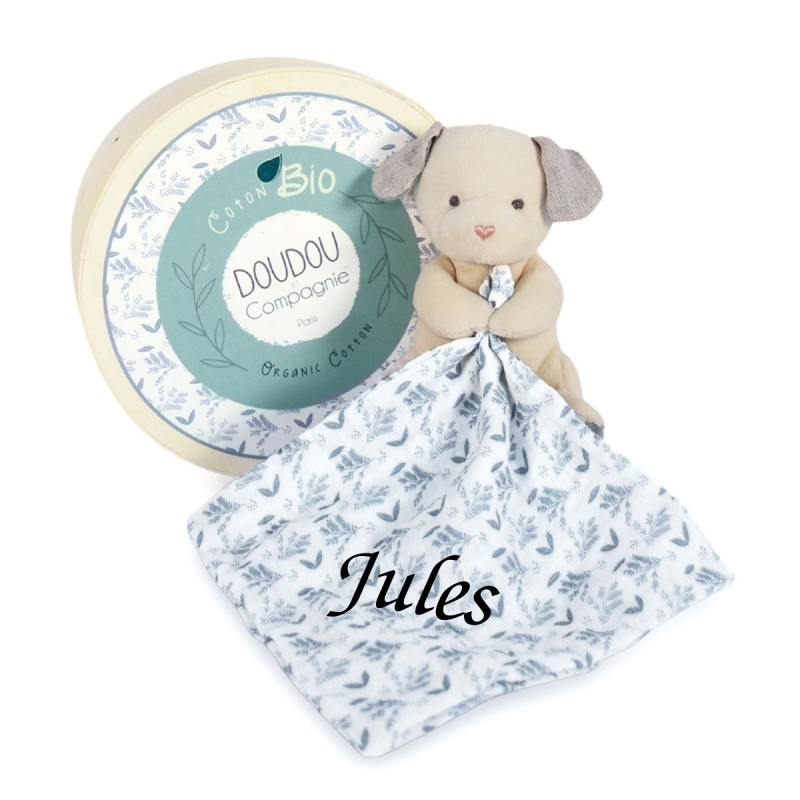 Doudou et compagnie Botanic Peluche avec doudou BIO chien bleu 15 cm